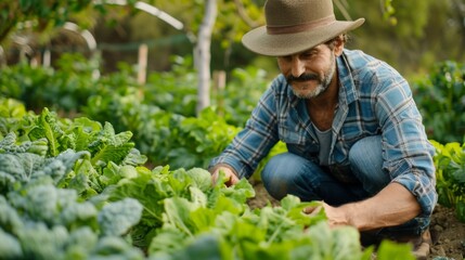 A farmer conducting a soil pH test in an organic vegetable garden to ensure optimal growing conditions.