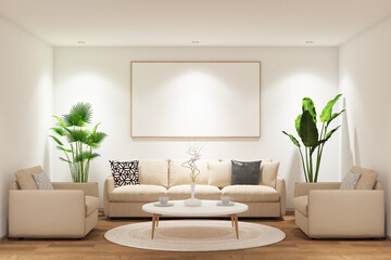 3d render of interior living room minimal with sofa, table, armchair, decoration and frame mock up. Wood parquet floor, white wall background, white ceiling. Set 1