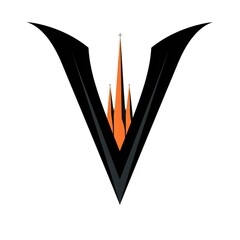 a simple vector consultancy logo including letter V and Salisbury cathedral spire, black and pastel orange, white background, Generate AI.