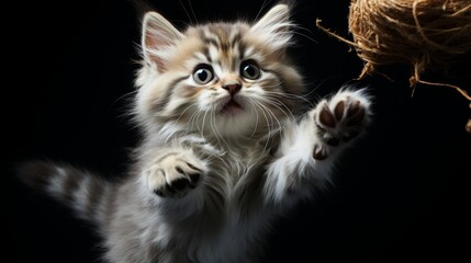 Cute kitten playing with a ball of yarn