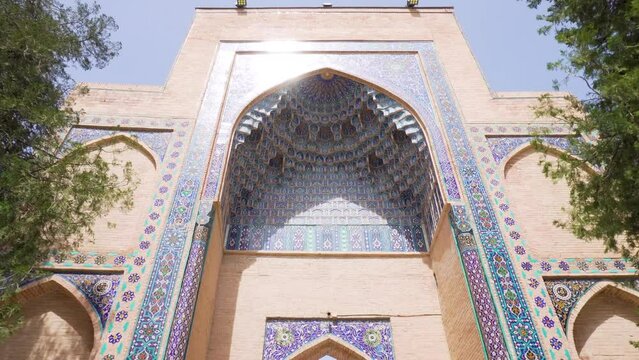 View of Gur-e-Amir - a mausoleum of the Asian conqueror Timur (also known as Tamerlane). Famous travel destination in Central Asia. Uzbekistan Samarkand Translation "final resting place of Amir Timur"