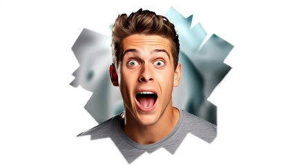 A man with an extremely surprised expression and open mouth, eyes widened, crying out emotionally and showing immense surprise.