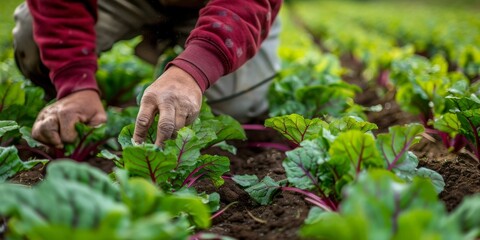 A farmer examining the leaves of organic beet plants for health.