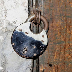 An old padlock on a metal door
