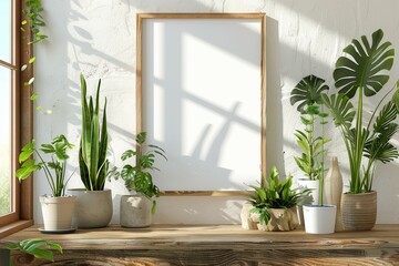 Rustic wooden shelf with framed greenery