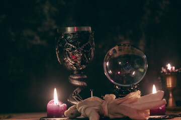 Enigmatic Occult Ritual with Chalice and Crystal Ball.