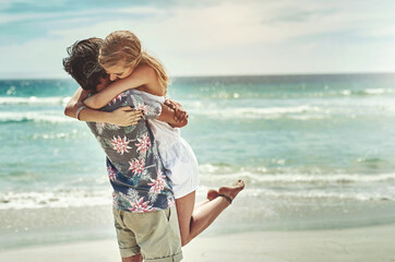 Happy, couple and proposal for marriage with hug on romantic, travel and vacation in Bali. Man,...