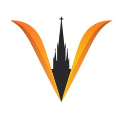 a simple vector consultancy logo including letter V and Salisbury cathedral spire, black and pastel orange, white background, Generate AI.