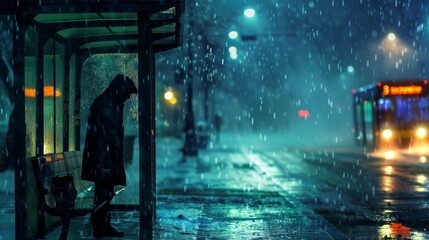 A figure stands under a shelter at a bus stop on a rainy night, with an approaching bus in the blurred background