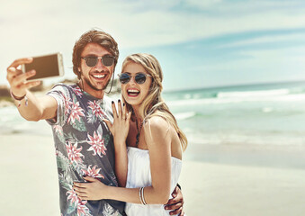 Happy, couple and engagement for marriage in selfie on romantic, travel and vacation in Bali. Man,...