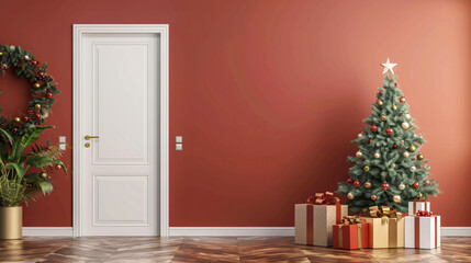 Interior of room with decorated white door Christmas t