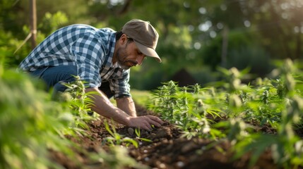 A farmer inspecting the soil quality in a cannabis field