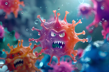 Fototapeta premium cartoon virus character with scary face and funny face. 3d illustration. generative ai