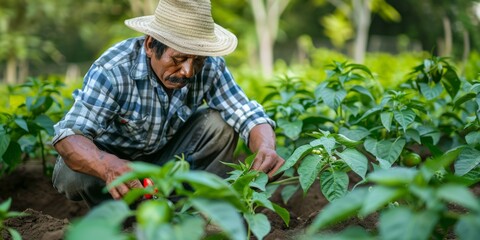 A farmer mulching around organic pepper plants to conserve moisture and suppress weeds.