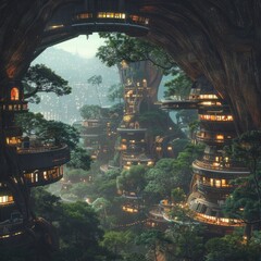 A futuristic city built within the hollow of a giant tree