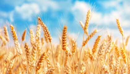 Fototapeta premium Wheat field blue skyscape with copy space - Generative AI