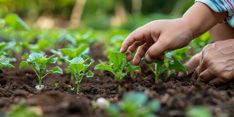 A farmer showing a child how to gently handle young organic plant seedlings.