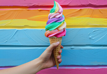 A hand holding an ice cream cone with rainbow colored swirls of soft serve against the backdrop of a colorful striped mural on the wall, generative ai