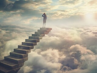 Obraz premium A woman stands on a stairway leading into the clouds, symbolizing aspiration, dreams, and the journey to success. The scene is ethereal and surreal, evoking a sense of wonder and possibility