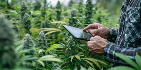 A farmer using a digital tablet to monitor environmental conditions in a cannabis grow house.