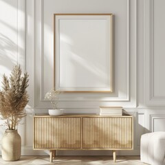 Fototapeta premium Modern minimalistic living room in a bohemian, scandinavian, nordic style. Mockup with a wall frame poster background. Interior design inspiration for a magazine, decoration, furniture concept.