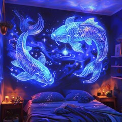a drawing of two carp fish swimming together forming the pisces horoscope symbol in a bedroom at night, Generate AI.