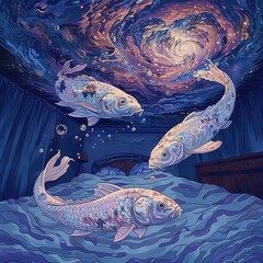 a drawing of two carp fish swimming together forming the pisces horoscope symbol in a bedroom at night, Generate AI.