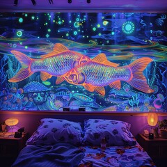 a drawing of two carp fish swimming together forming the pisces horoscope symbol in a bedroom at night, Generate AI.