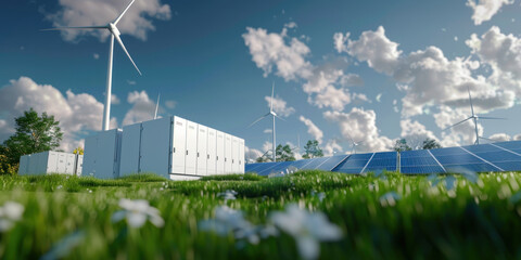 Concept of energy storage batteries system, wind power, wind turbines and Li-ion battery container, and solar panels in the background. Panoramic view with copy space.