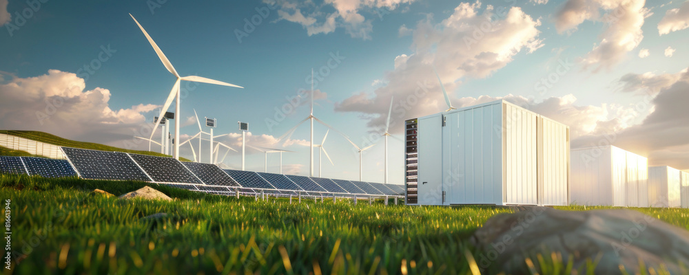 Wall mural concept of energy storage batteries system, wind power, wind turbines and li-ion battery container, 