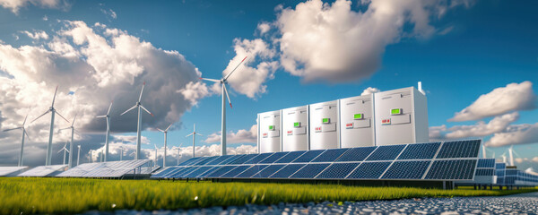 Concept of energy storage batteries system, wind power, wind turbines and Li-ion battery container, and solar panels in the background. Panoramic view with copy space.