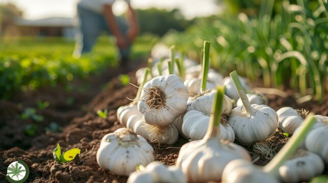 A field of organic garlic plants, with a farmer inspecting the growth and health of the crop.