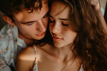 A tender moment shared between two lovers, their delicate embrace captured in a timeless kiss