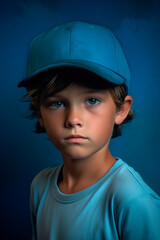 photograph of a boy with baseball cap on pure blue background. baseball sport concept
