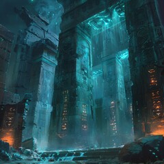 An ancient temple covered in glowing alien runes.