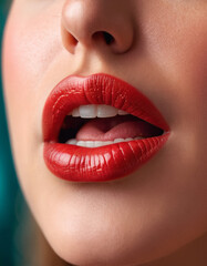 Close-up of red woman's lips gasping for air