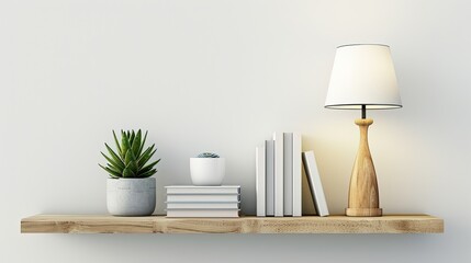Stylish bookshelf styling with lamp, books, and succulent plant.
