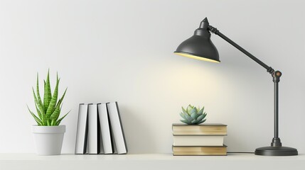 Stylish bookshelf styling with lamp, books, and succulent plant.