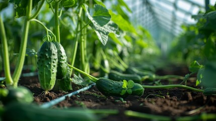Obraz premium A greenhouse scene with organic cucumbers being hand-pollinated to ensure crop production.