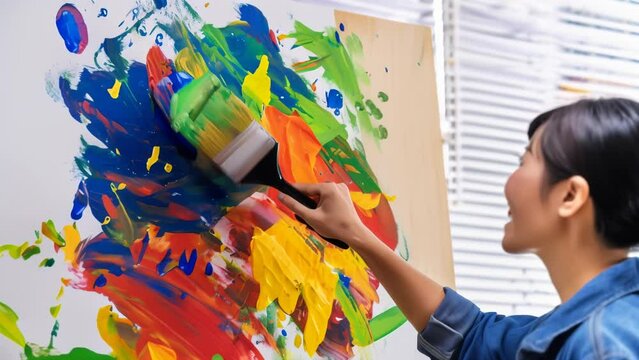 An artist passionately creating a vibrant abstract painting on a wall. The dynamic strokes and bright colors reflect creativity and expressiveness.