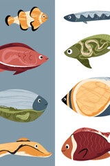 Nautical modern poster, fish. Template for poster, postcard, banner. Vector illustration in flat modern style. 
