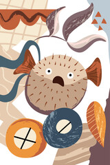 Nautical modern poster. Abstract shapes, fish, sea plants. Template for poster, postcard, banner. Vector illustration in flat modern style. 
