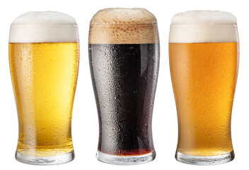 Collection of three different glasses of beer on white background. Clipping paths.