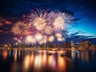 Fototapeta premium Fireworks light up the night sky over a river and city during a celebration.