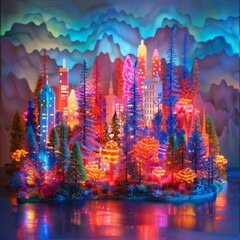 A city skyline made entirely of glowing neon trees.