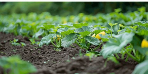 Obraz premium A high-angle shot of a lush organic zucchini field, with a focus on the health of the plants and soil.
