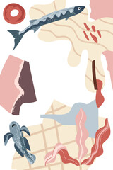 Nautical modern poster. Abstract shapes, fish, sea plants. Template for poster, postcard, banner. Vector illustration in flat modern style. 
