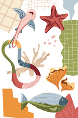 Nautical modern poster. Abstract shapes, fish, sea plants. Template for poster, postcard, banner. Vector illustration in flat modern style. 
