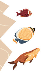 Nautical modern poster. Abstract shapes, fish. Template for poster, postcard, banner. Vector illustration in flat modern style. 
