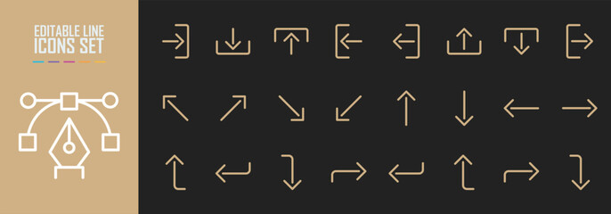Wayfinding system direction arrow linear modern icon set. Way finding entrance and exit outline symbol collection. Left and right navigation signage. Up and down information boards. Public place signs